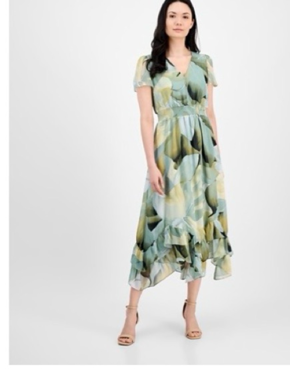Anne Klein Multi-Green Floral V-Neck Midi Dress